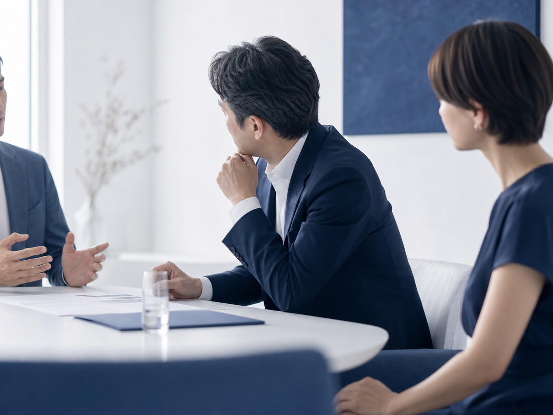 経営者とアドバイザーが静かな空間で対話している様子
